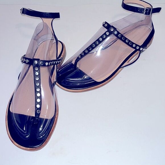 GH Bass black leather thong  ankle strap sandals with metal grommets - Picture 2 of 5